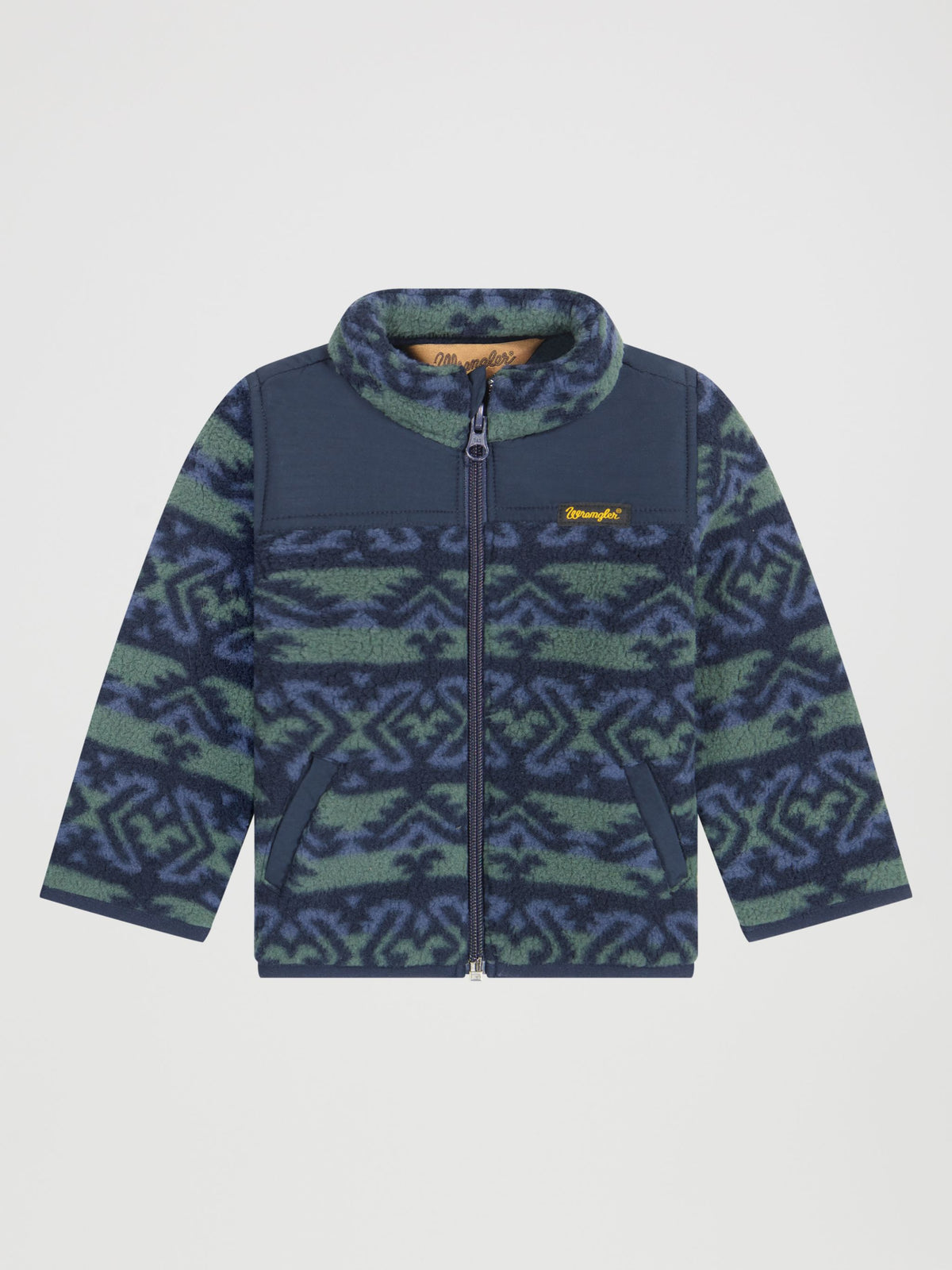 Wrangler Little Boys Hay Away Full Zip Sherpa Jacket Dark Forest dark green sherpa with full zip front two hand pockets and ripstop yoke in a western print kids western clothing ranch wear Utah 112382946 Boltranchstore.com