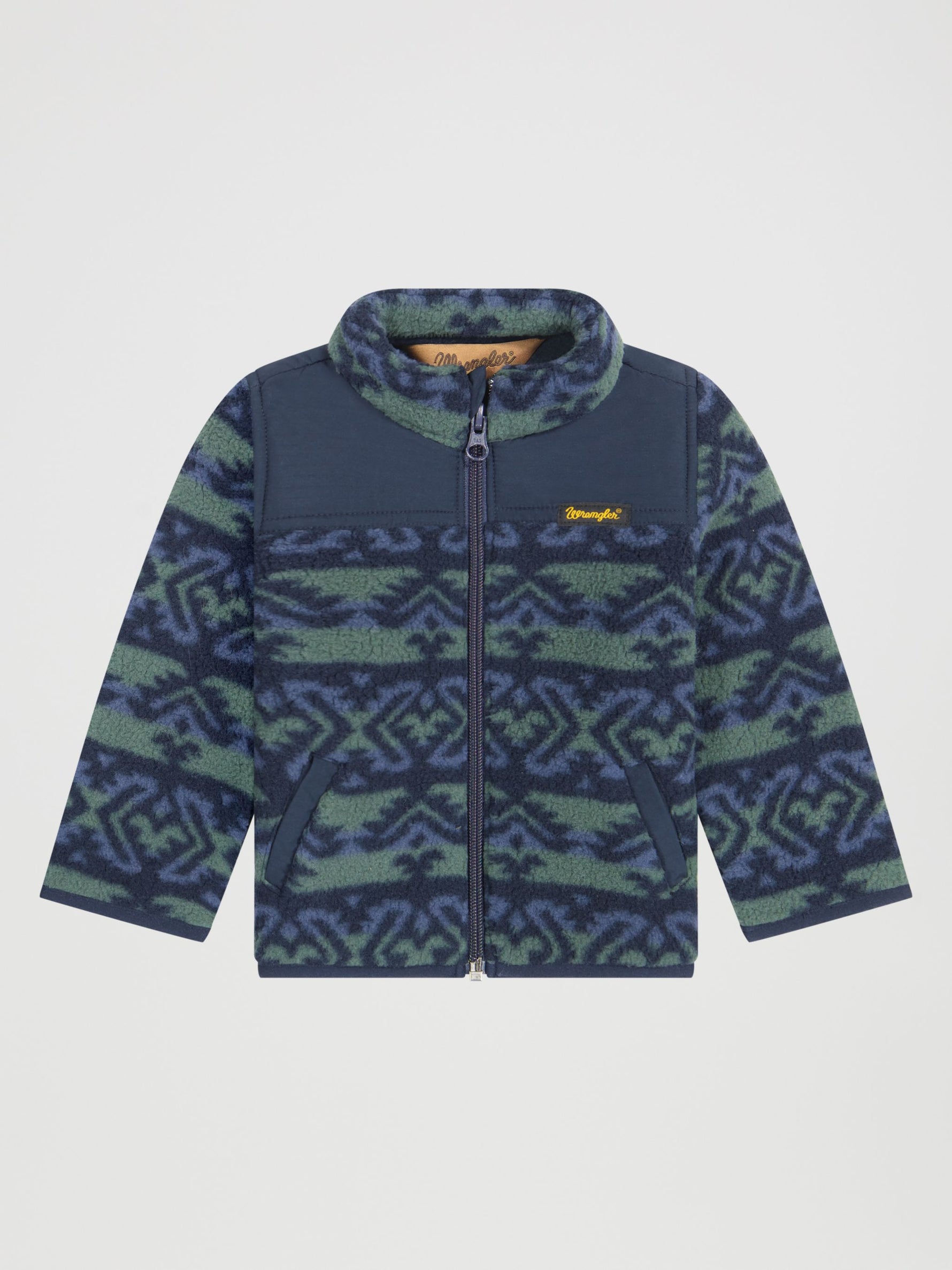 Wrangler Little Boys Hay Away Full Zip Sherpa Jacket Dark Forest dark green sherpa with full zip front two hand pockets and ripstop yoke in a western print kids western clothing ranch wear Utah 112382946 Boltranchstore.com