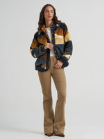 Wrangler Womens Hay Away Big Sky Sherpa Snap Jacket relaxed easy layering silhouette with long sleeves and stand up collar western fashion