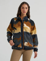 Wrangler Womens Hay Away Big Sky Sherpa Snap Jacket Desert Tapestry running horse print sherpa in black gold and cream womens western boutique Utah SKU 112383035