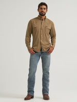 Wrangler All Terrain Gear Mens Technical Shirt Kangaroo regular fit long sleeve silhouette styled with straight leg jeans and cowboy boots western fashion