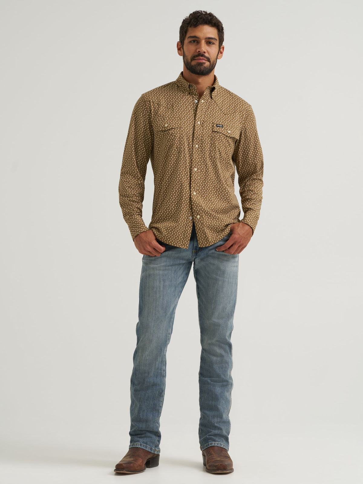 Wrangler All Terrain Gear Mens Technical Shirt Kangaroo regular fit long sleeve silhouette styled with straight leg jeans and cowboy boots western fashion