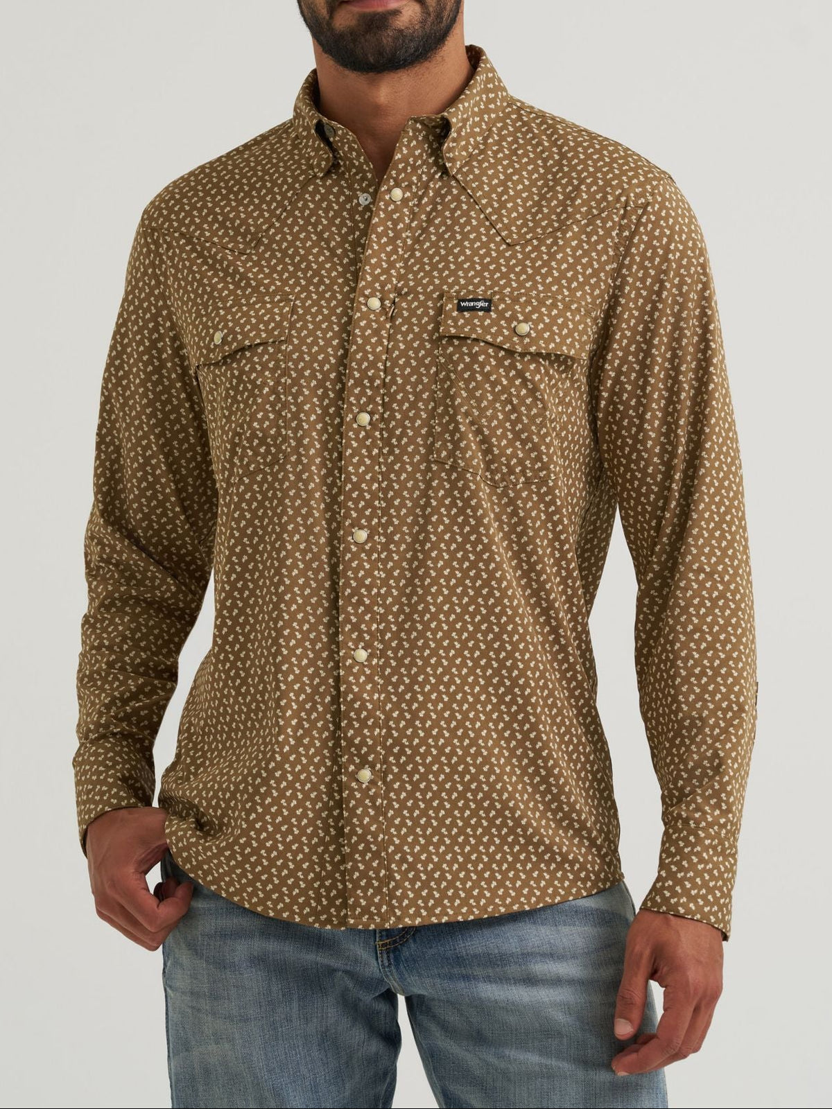 Wrangler All Terrain Gear Mens Technical Shirt Kangaroo brown ditsy floral print polyester mens western shirt ranch wear Utah SKU 112384244