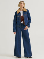Lee Womens Premium Removable Fur Collar Denim Jacket waist length jacket styled over wide leg jeans for ranch wear and everyday outfits