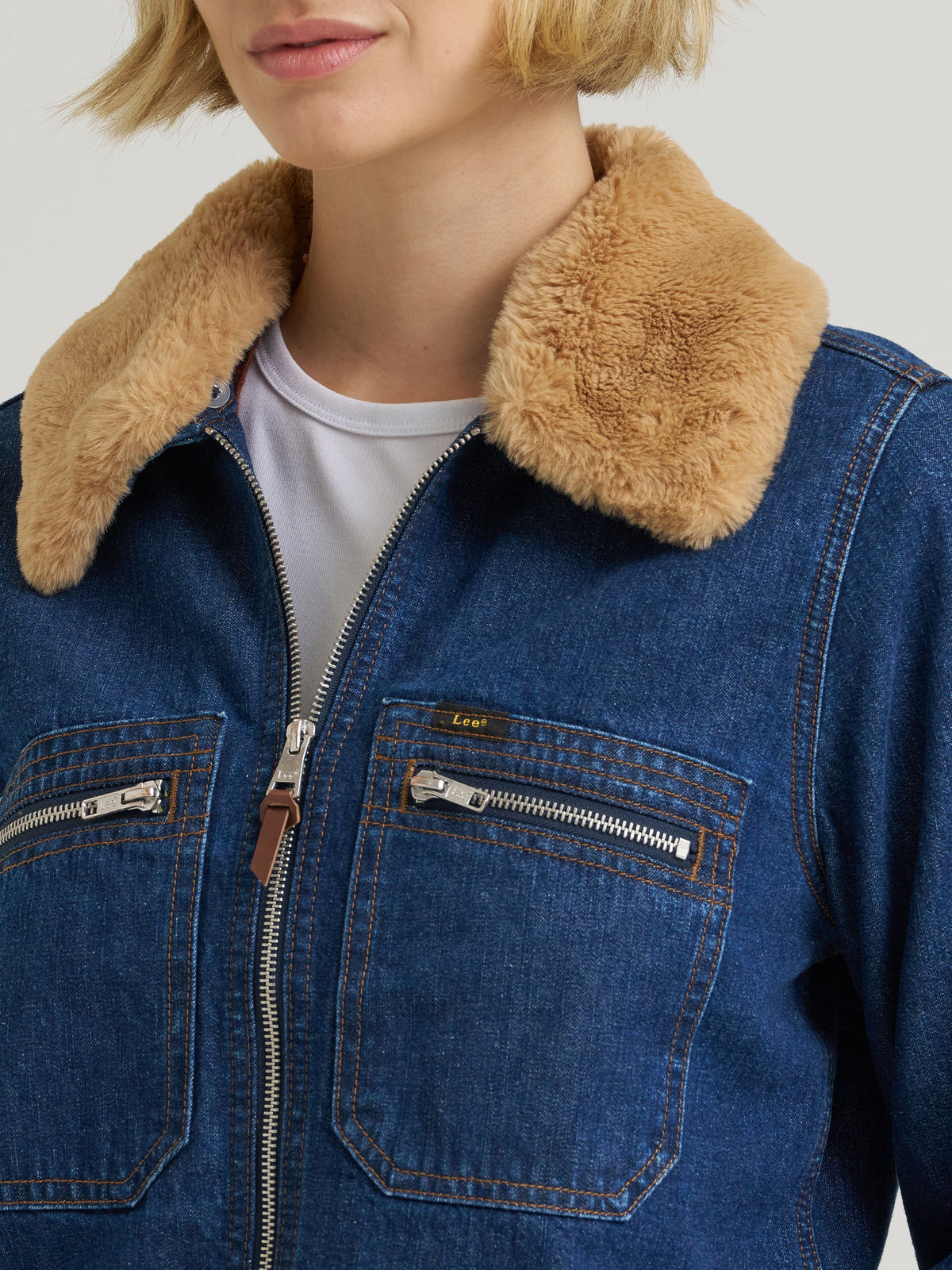 Lee Womens Premium Removable Fur Collar Denim Jacket full zip front with two zippered chest pockets and contrast stitching Park City