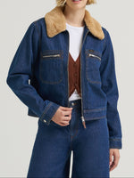 Lee Womens Premium Removable Fur Collar Denim Jacket Laugh Riot dark blue denim jacket with tan faux fur collar womens western boutique Utah SKU LFDM1102