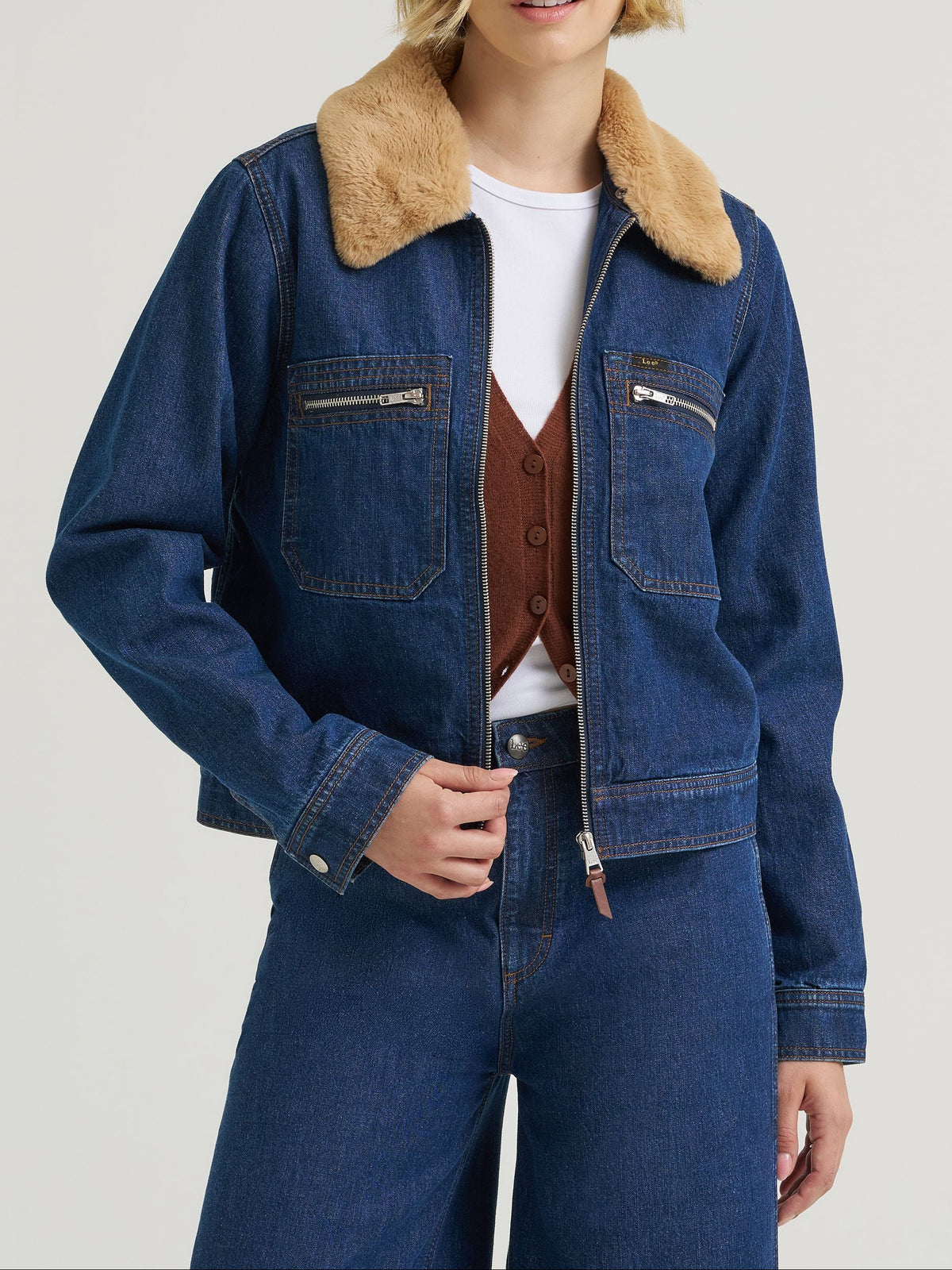 Lee Womens Premium Removable Fur Collar Denim Jacket Laugh Riot dark blue denim jacket with tan faux fur collar womens western boutique Utah SKU LFDM1102