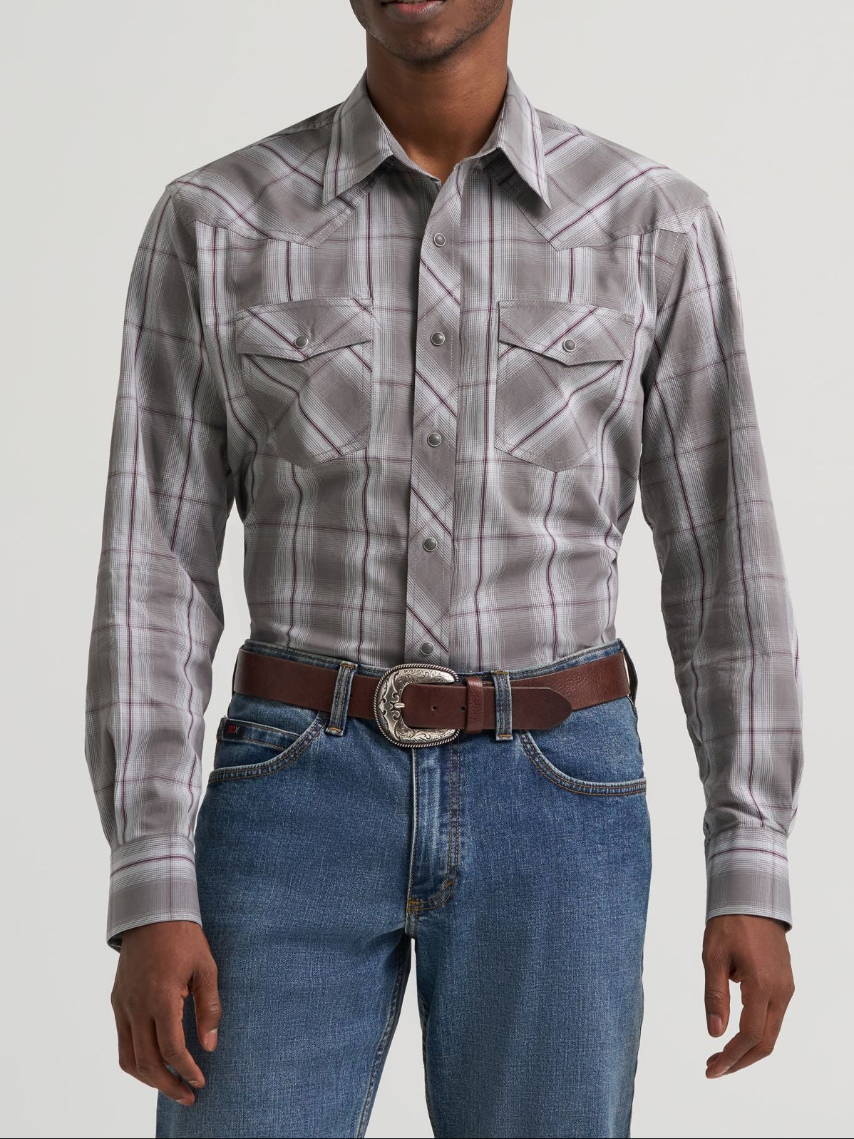 Wrangler Mens 20X Competition Advanced Comfort Long Sleeve Two Pocket Western Snap Shirt shadowed purple plaid cotton stretch mens western shirt rodeo Utah SKU 112384661