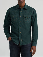 Wrangler Mens Retro Premium Western Snap Corduroy Shirt Dark Green slim fit long sleeve cut with spread collar mens western clothing