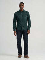 Wrangler Mens Retro Premium Western Snap Corduroy Shirt Dark Green horn snaps and W stitched flap chest pockets ranch wear