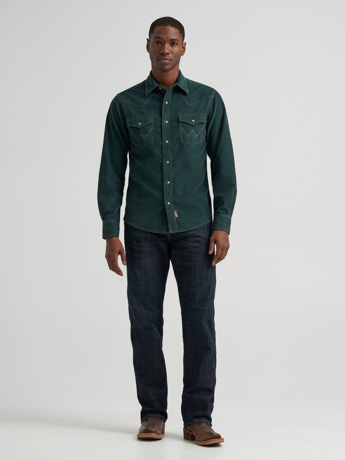 Wrangler Mens Retro Premium Western Snap Corduroy Shirt Dark Green horn snaps and W stitched flap chest pockets ranch wear