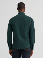 Wrangler Mens Retro Premium Western Snap Corduroy Shirt Dark Green single point yokes front to back with two snap cuffs rodeo