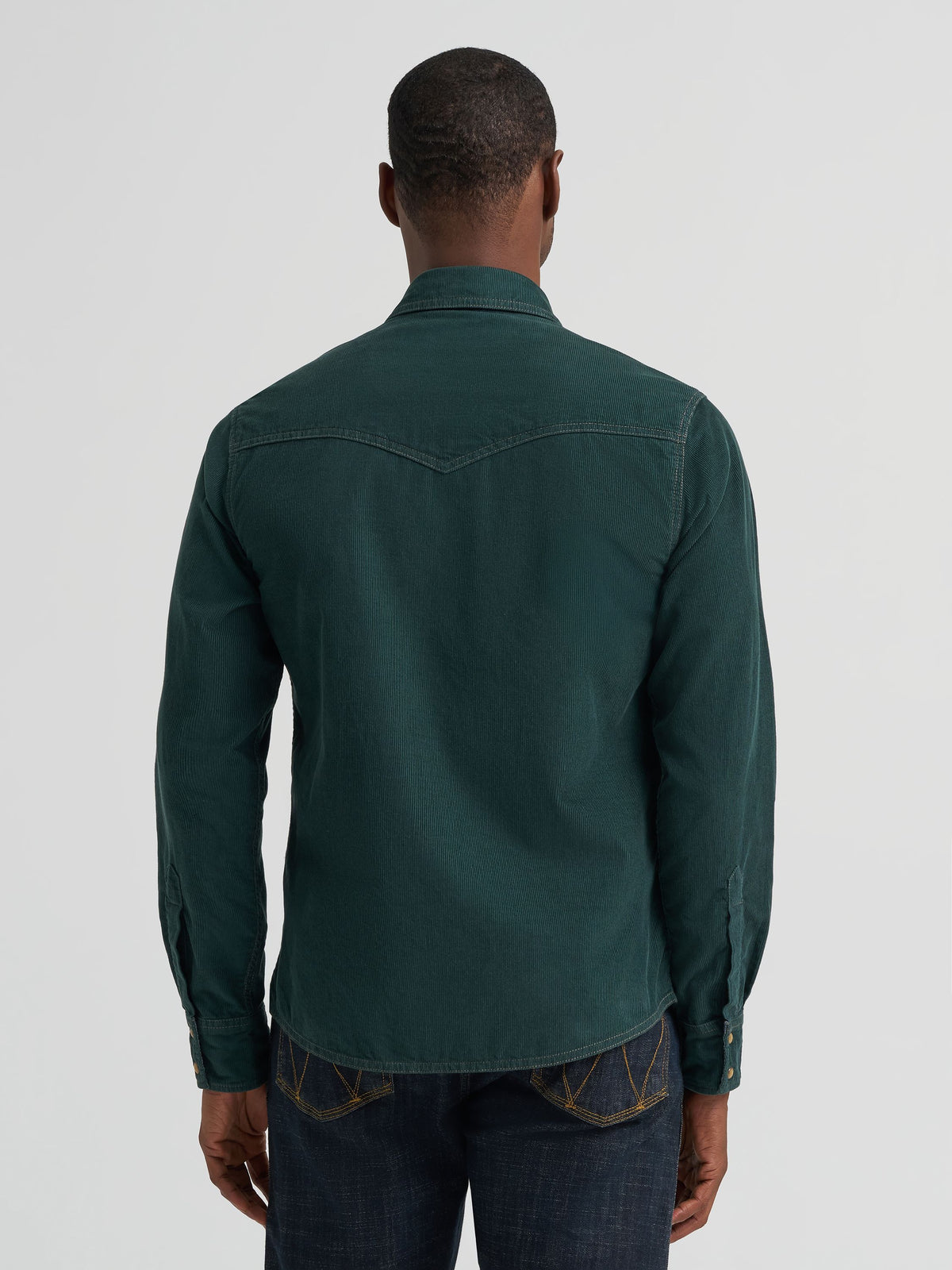 Wrangler Mens Retro Premium Western Snap Corduroy Shirt Dark Green single point yokes front to back with two snap cuffs rodeo