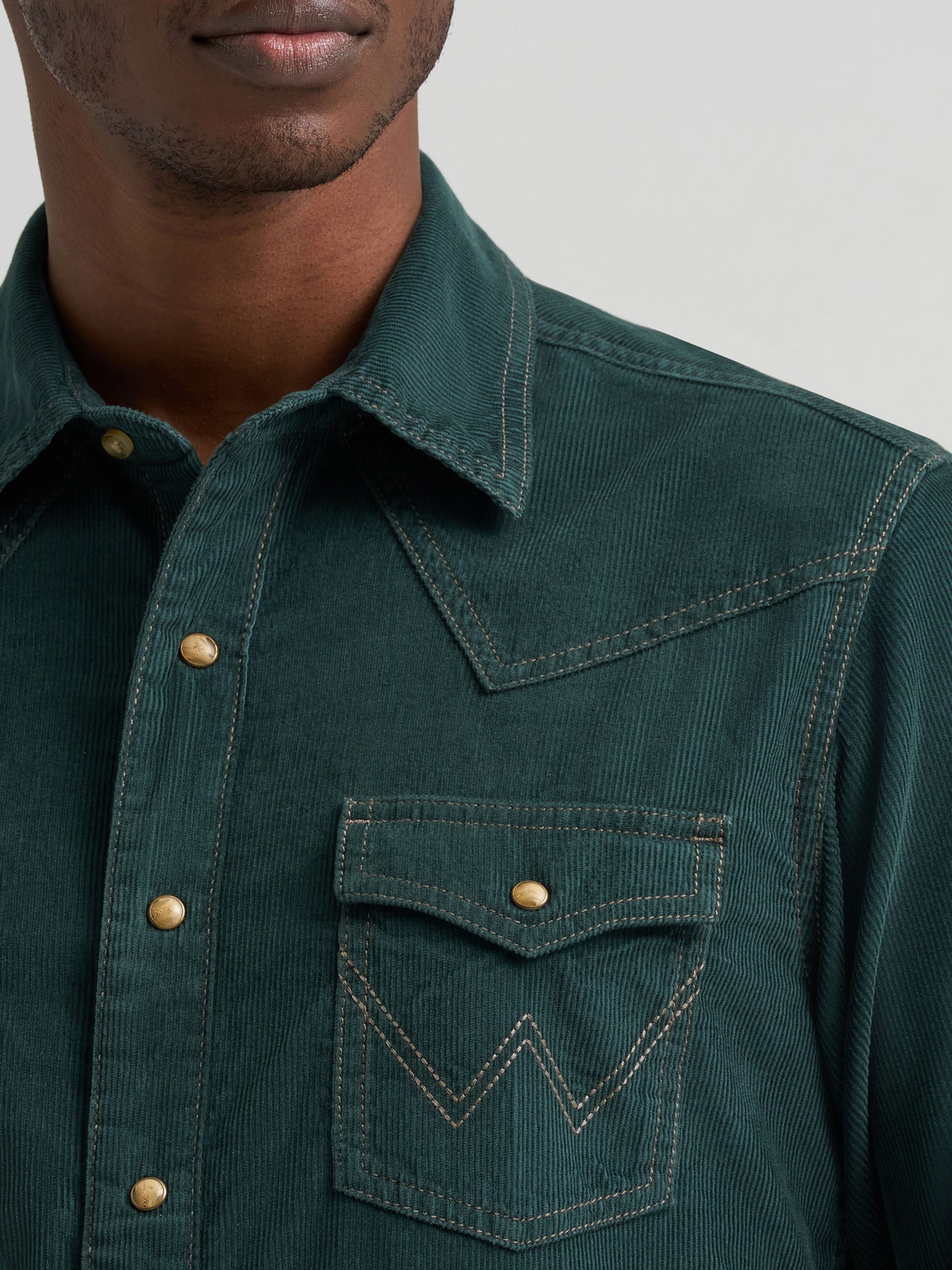 Wrangler Mens Retro Premium Western Snap Corduroy Shirt Dark Green warm layering shirt for fall nights and NFR style Kamas Park City