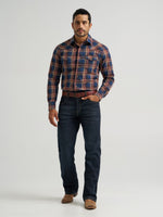 Wrangler Mens Retro Premium Long Sleeve Western Snap Plaid Shirt Blue Sunset slim fit silhouette with spread collar and long sleeves ranch wear