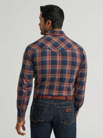 Wrangler Mens Retro Premium Long Sleeve Western Snap Plaid Shirt Blue Sunset pointed front and back yokes with contrast trim western fashion