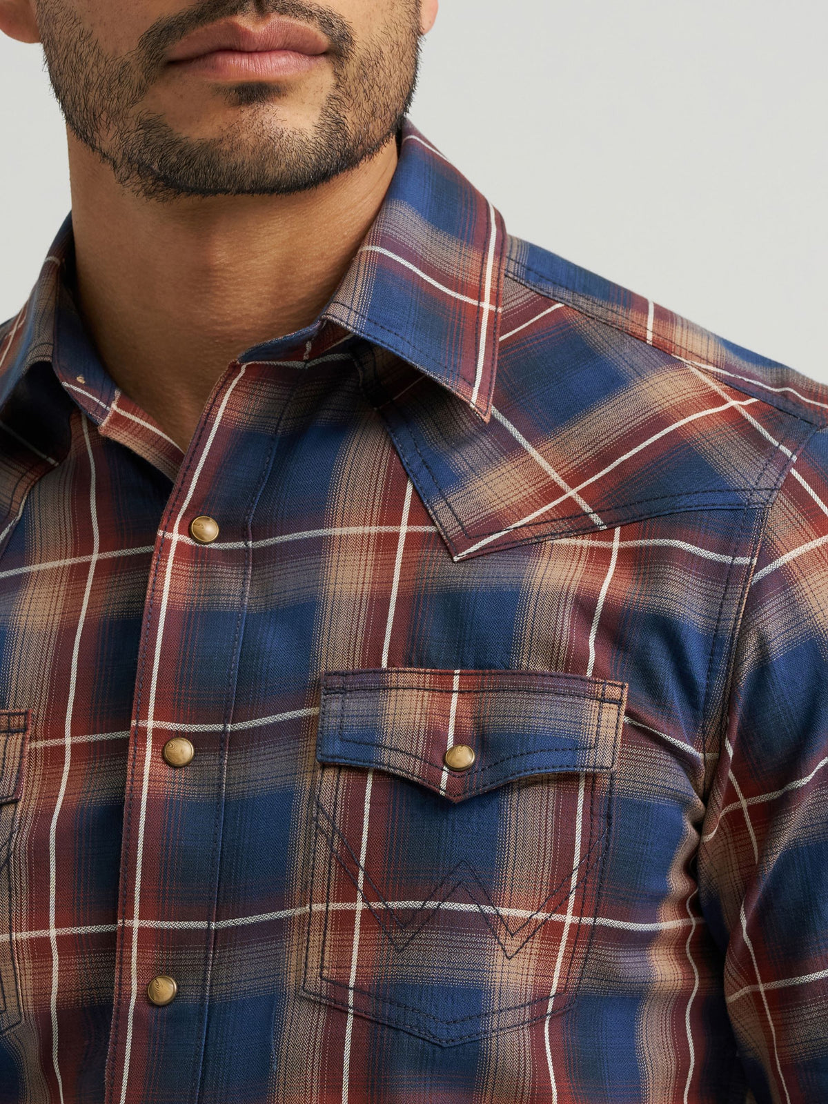 Wrangler Mens Retro Premium Long Sleeve Western Snap Plaid Shirt Blue Sunset full snap closure and two snap cuffs layered over a white tee for rodeo and everyday wear