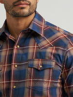 Wrangler Mens Retro Premium Long Sleeve Western Snap Plaid Shirt Blue Sunset full snap closure and two snap cuffs layered over a white tee for rodeo and everyday wear