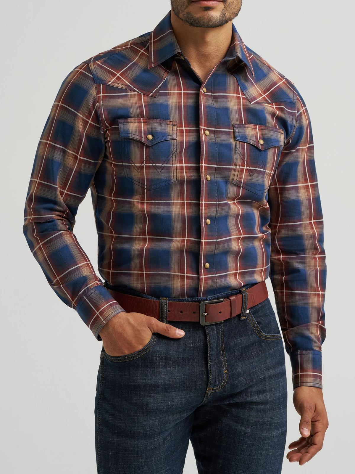 Wrangler Mens Retro Premium Long Sleeve Western Snap Plaid Shirt Blue Sunset blue sunset plaid western snap shirt in cotton western clothing Utah SKU 112384764
