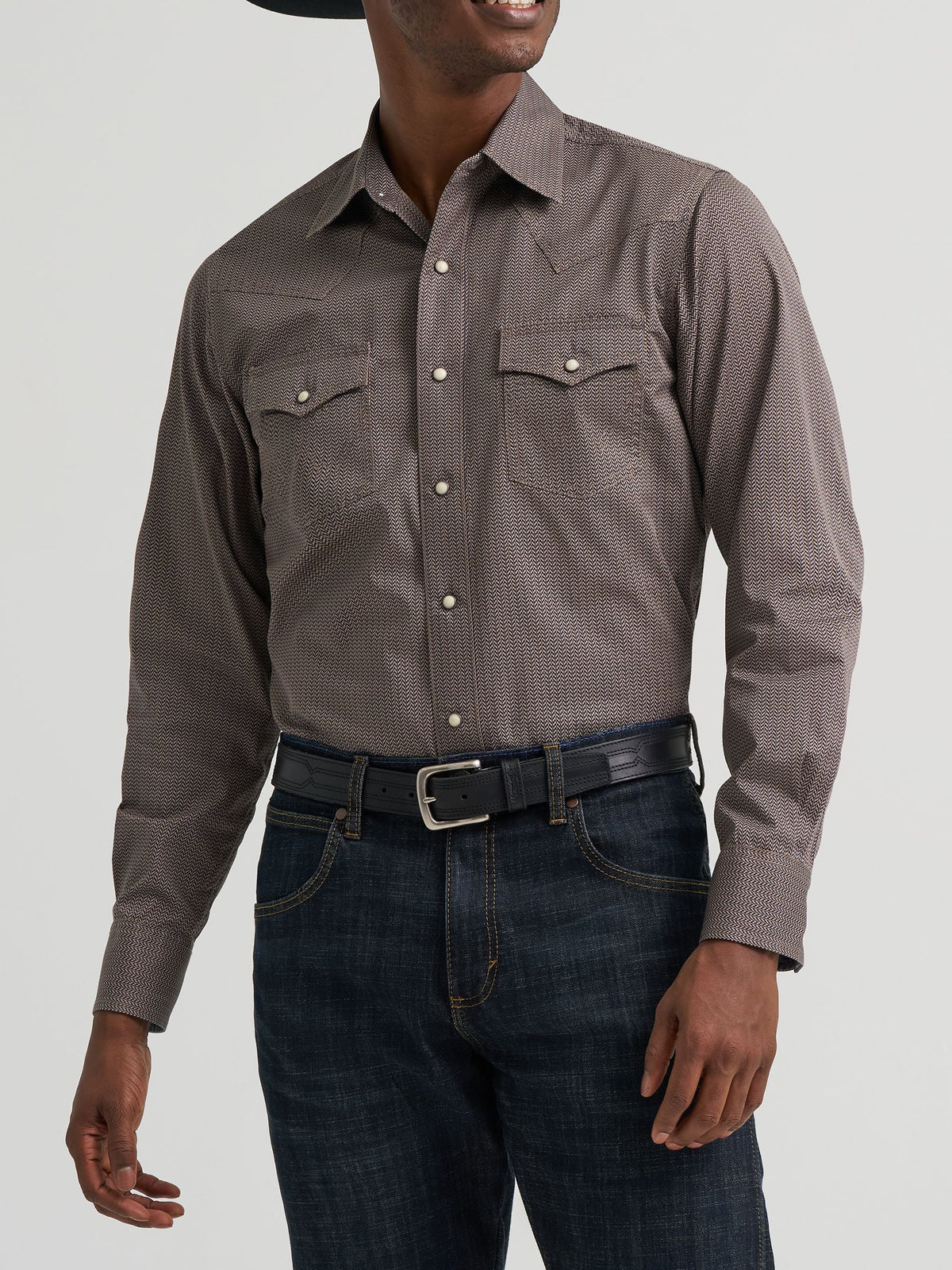 Wrangler Mens Retro Premium Long Sleeve Western Snap Printed Shirt Abstract Chevron brown and blue chevron print cotton snap shirt mens western clothing Utah SKU 112384765