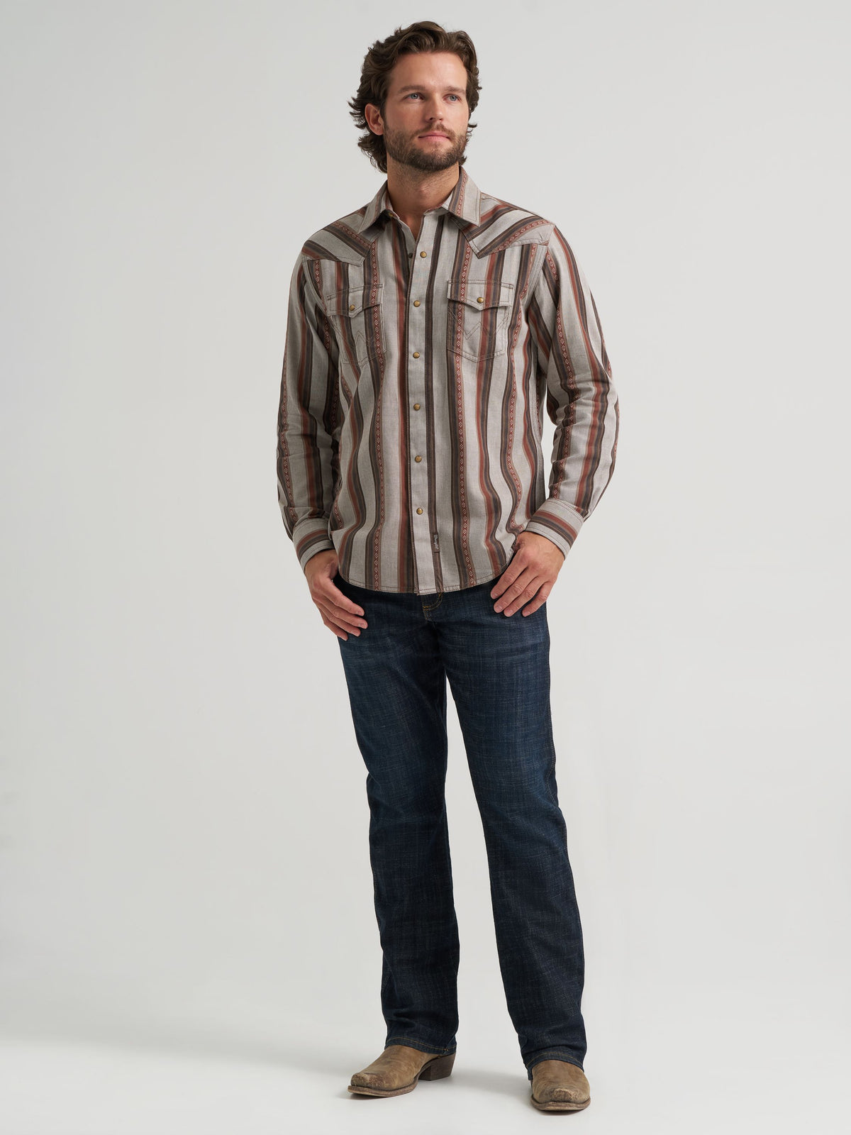 Wrangler Mens Retro Premium Stripe Western Snap Shirt Brown Multi slim modern fit long sleeve shirt with room for layering styled with dark denim for ranch wear