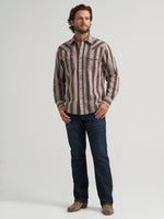 Wrangler Mens Retro Premium Stripe Western Snap Shirt Brown Multi slim modern fit long sleeve shirt with room for layering styled with dark denim for ranch wear