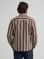 Wrangler Mens Retro Premium Stripe Western Snap Shirt Brown Multi one point western back yoke and bold 90s inspired stripes cowboy western fashion