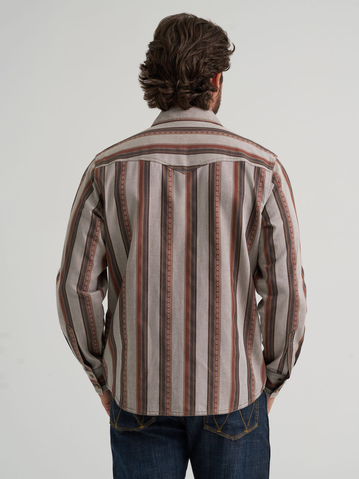 Wrangler Mens Retro Premium Stripe Western Snap Shirt Brown Multi one point western back yoke and bold 90s inspired stripes cowboy western fashion