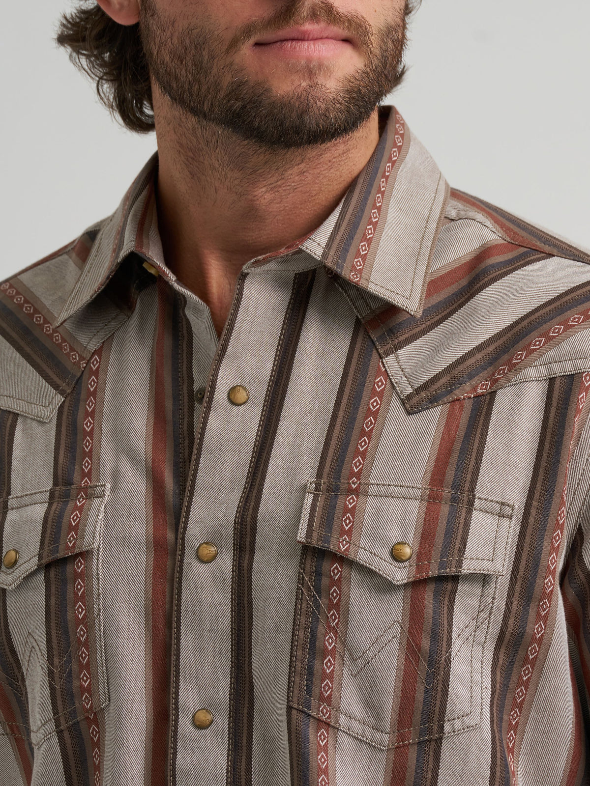 Wrangler Mens Retro Premium Stripe Western Snap Shirt Brown Multi snap flap chest pockets with W stitching and spread collar rodeo ready Park City