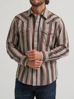 Wrangler Mens Retro Premium Stripe Western Snap Shirt Brown Multi brown red and tan vertical stripe cotton western shirt mens western clothing Utah SKU 112384768