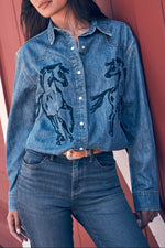 Wrangler Womens Horses Boyfriend Western Snap Shirt indigo denim snap shirt with navy running horse artwork womens western boutique Utah SKU 112385281