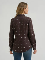 Wrangler Womens Olivia Western Slim Snap Shirt Horses Cocoa two snap chest pockets with W stitching and contrast two snap cuffs