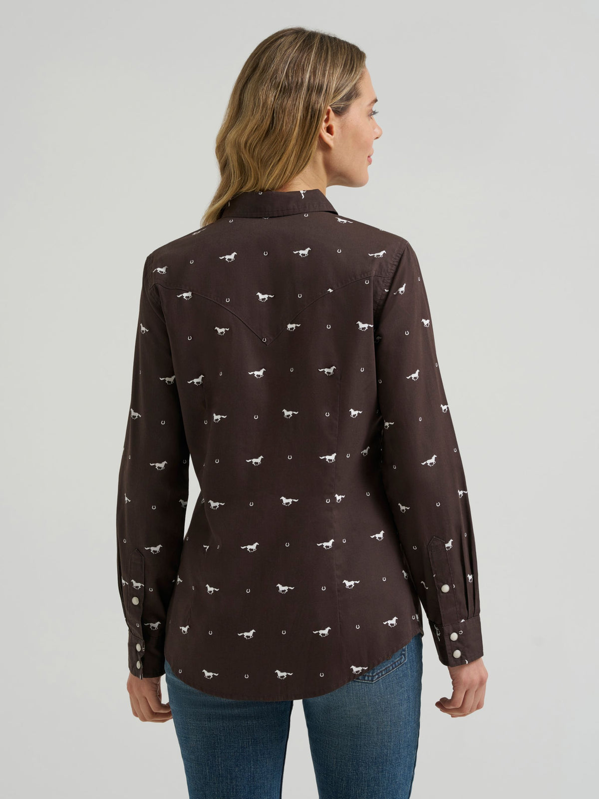 Wrangler Womens Olivia Western Slim Snap Shirt Horses Cocoa two snap chest pockets with W stitching and contrast two snap cuffs