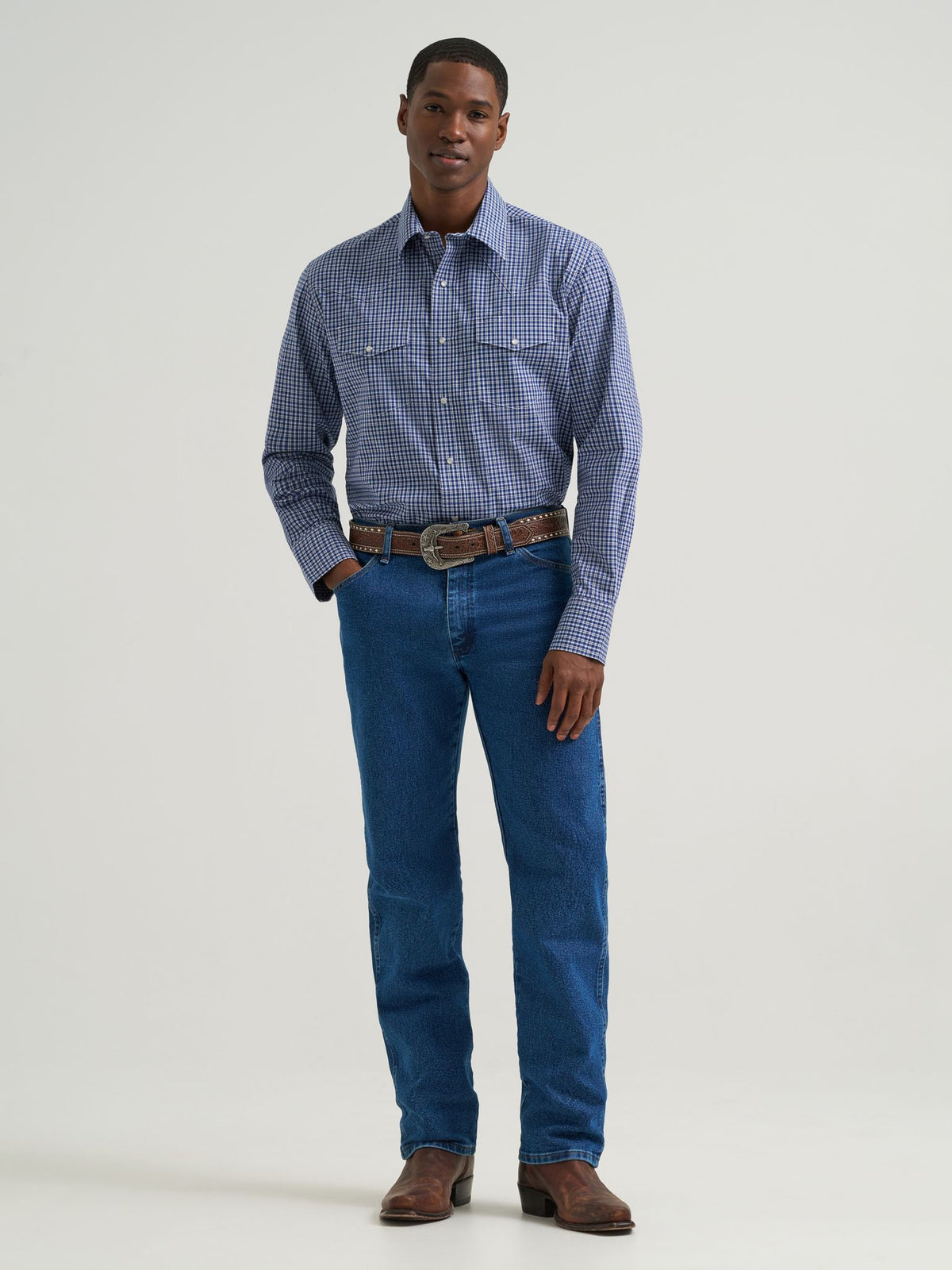 Wrangler Mens Wrinkle Resist Long Sleeve Western Snap Plaid Shirt classic fit with spread collar and pointed western yokes cowboy