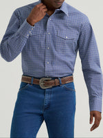 Wrangler Mens Wrinkle Resist Long Sleeve Western Snap Plaid Shirt night navy plaid cotton blend mens western shirt ranch wear Utah SKU 112385338