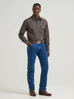 Wrangler Mens Wrinkle Resist Long Sleeve Western Snap Plaid Shirt Weathered Teal classic fit with spread collar and pointed yokes