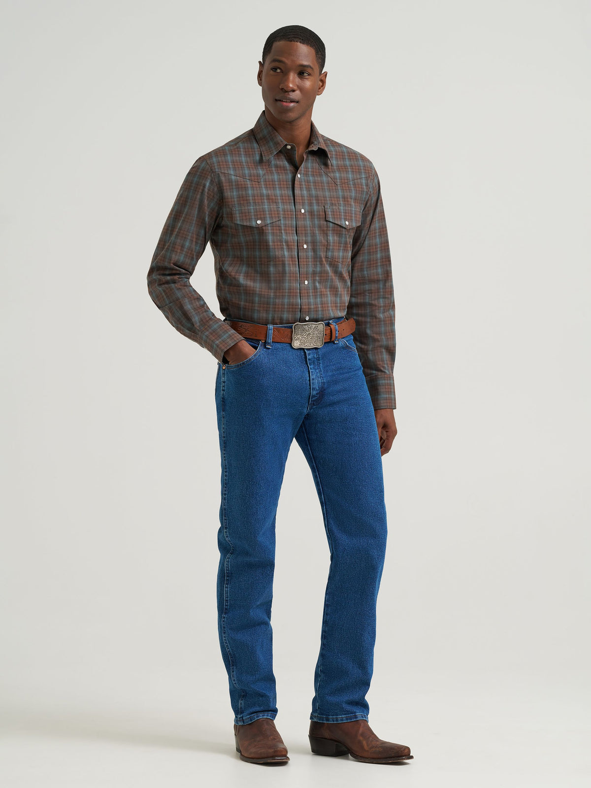 Wrangler Mens Wrinkle Resist Long Sleeve Western Snap Plaid Shirt Weathered Teal classic fit with spread collar and pointed yokes