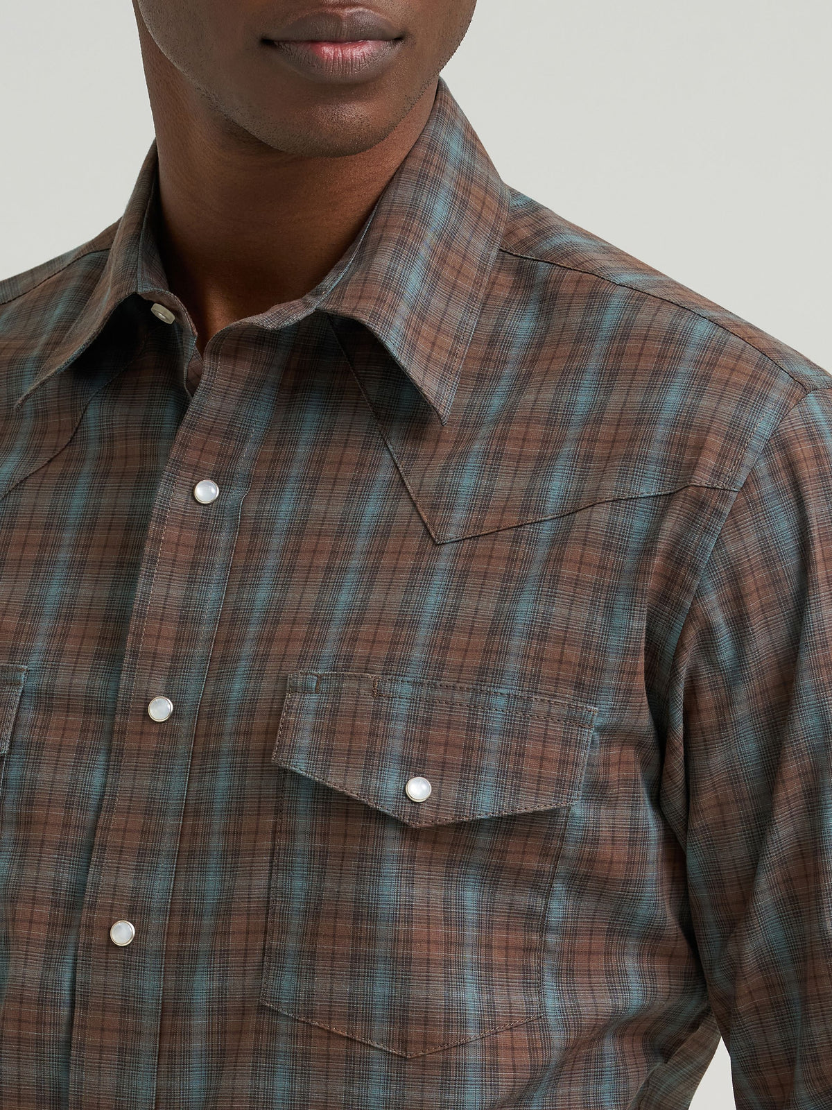 Wrangler Mens Wrinkle Resist Long Sleeve Western Snap Plaid Shirt Weathered Teal easy care ranch wear for the working cowboy Kamas