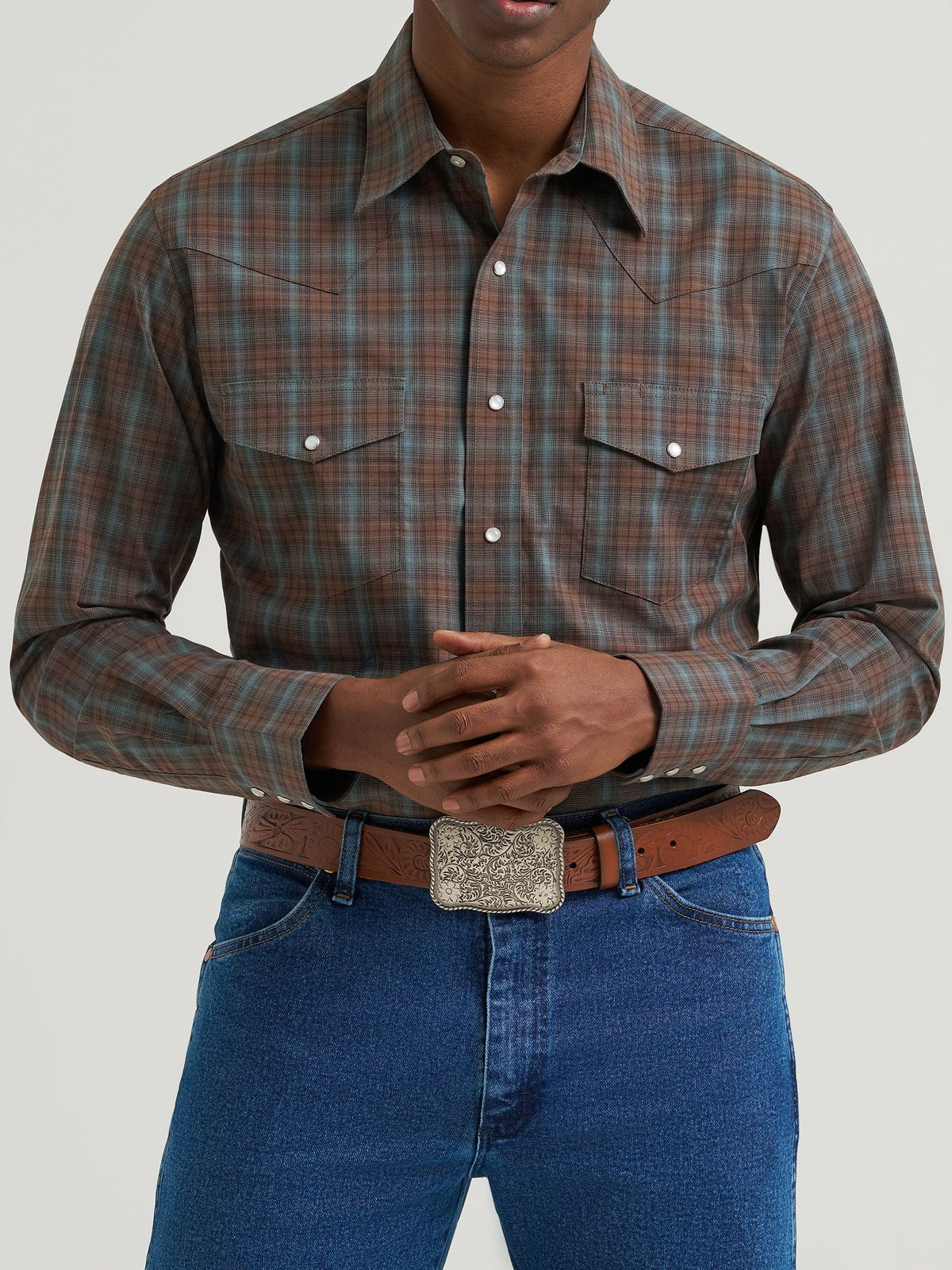 Wrangler Mens Wrinkle Resist Long Sleeve Western Snap Plaid Shirt Weathered Teal muted brown and teal plaid cotton blend mens western clothing Utah SKU 112385341