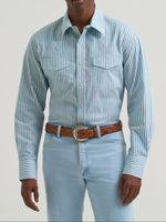 Wrangler Mens Wrinkle Resist Long Sleeve Western Snap Stripe Shirt dusty stripe cotton blend mens western snap shirt ranch wear Utah SKU 112385343