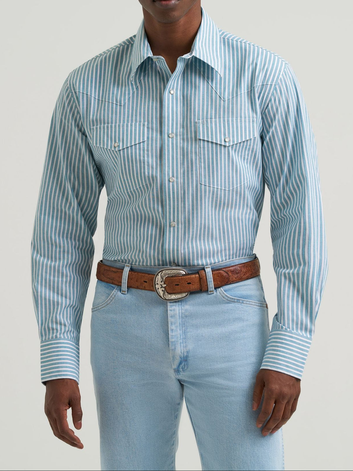 Wrangler Mens Wrinkle Resist Long Sleeve Western Snap Stripe Shirt dusty stripe cotton blend mens western snap shirt ranch wear Utah SKU 112385343