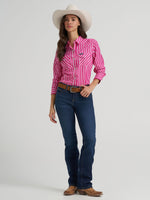 Wrangler Womens Olivia Western Slim Snap Shirt Candy Pink Stripe slim fit long sleeve silhouette western fashion