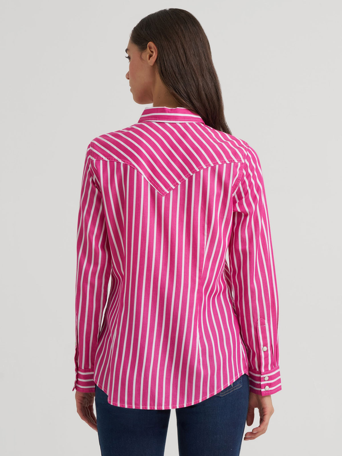 Wrangler Womens Olivia Western Slim Snap Shirt Candy Pink Stripe snap front with two flap chest pockets cowgirl
