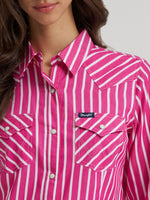 Wrangler Womens Olivia Western Slim Snap Shirt Candy Pink Stripe bright striped western shirt for rodeo and everyday wear Kamas