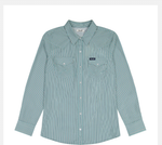 Wrangler Womens Performance Aria Shirt A long-sleeve western-style button-up shirt with thin vertical stripes in sage green and white, featuring two buttoned chest pockets