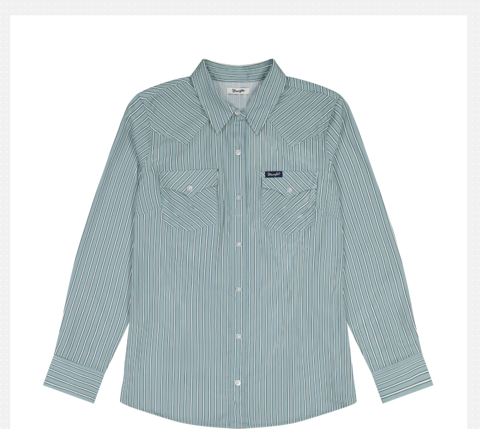 Wrangler Womens Performance Aria Shirt A long-sleeve western-style button-up shirt with thin vertical stripes in sage green and white, featuring two buttoned chest pockets