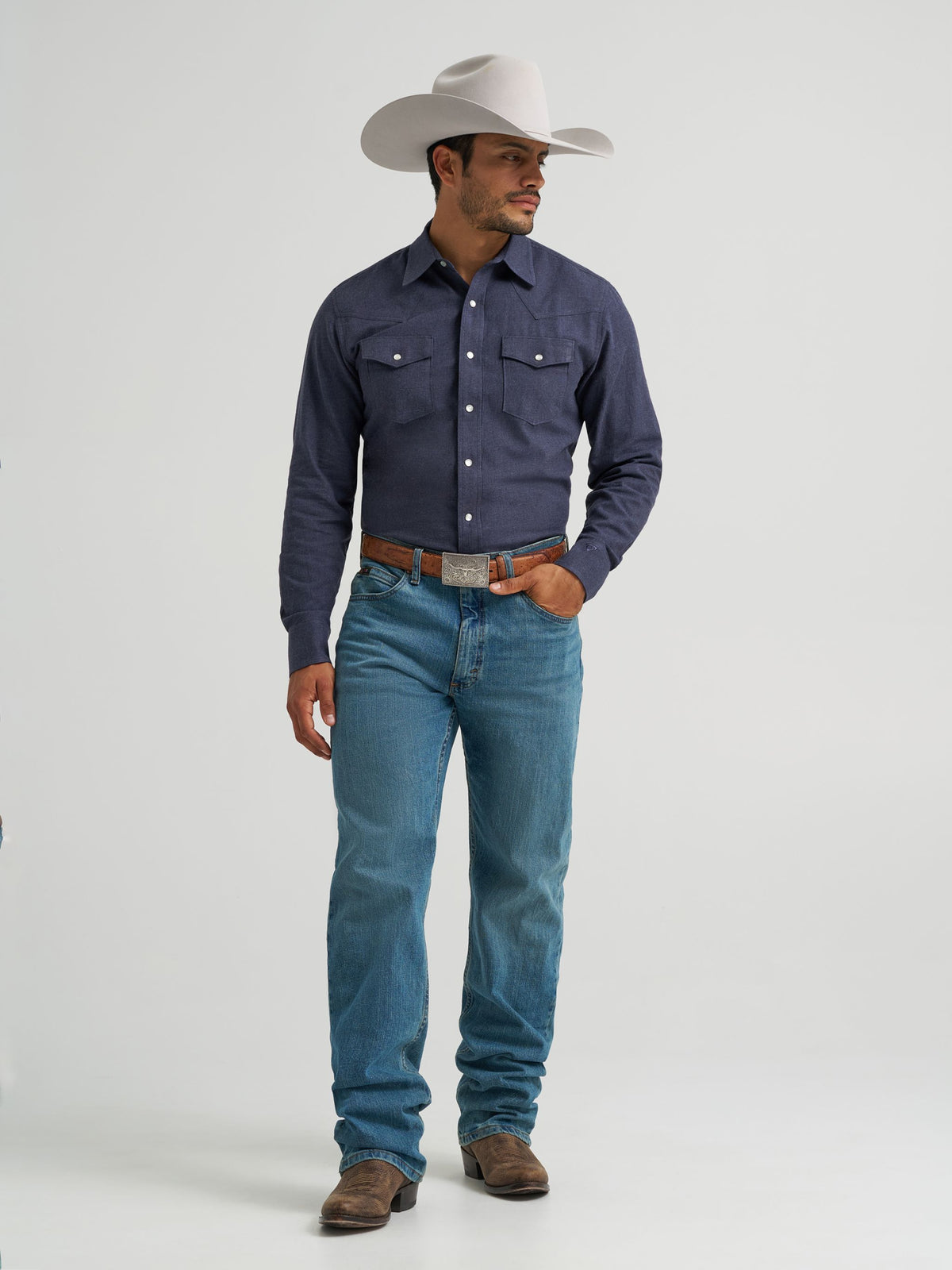 Wrangler Mens Cody Johnson Two Pocket Western Snap Shirt Solid Blue regular fit with single point yokes front and back cowboy ranch wear