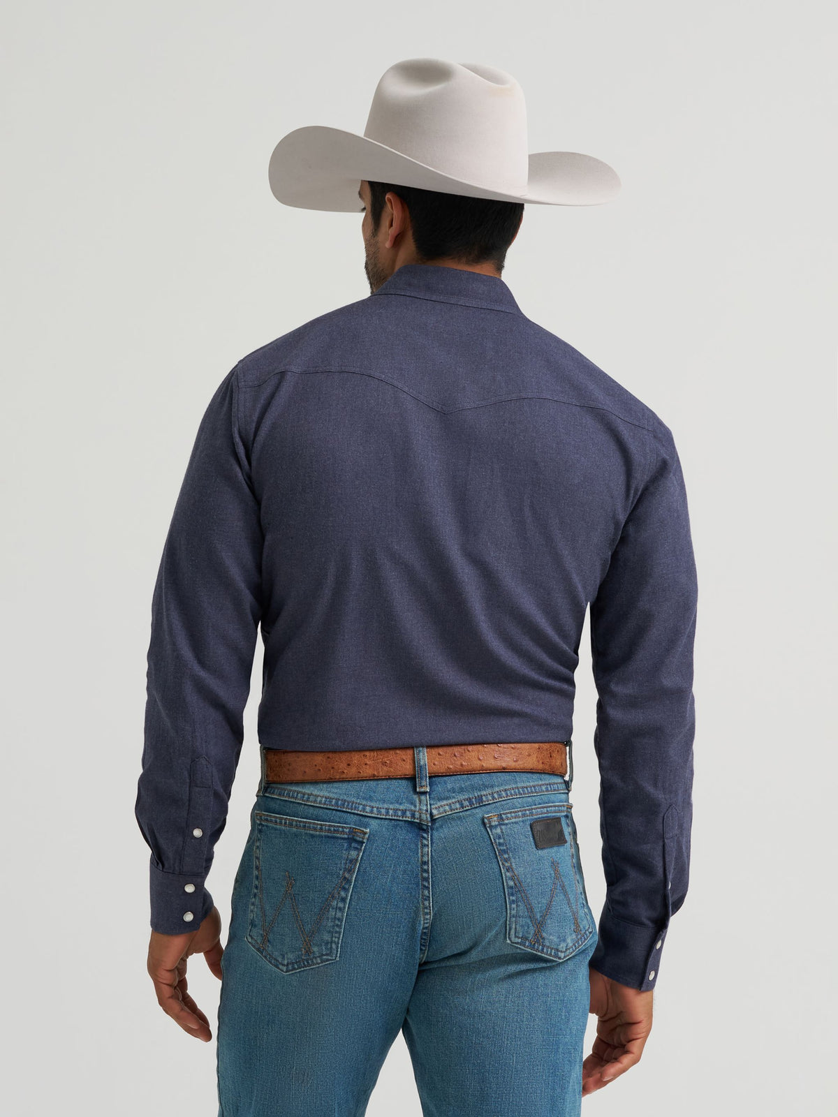 Wrangler Mens Cody Johnson Two Pocket Western Snap Shirt Solid Blue sawtooth flap chest pockets with snap closures and hidden button down collar western fashion