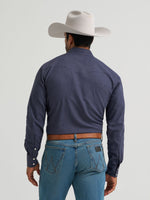 Wrangler Mens Cody Johnson Two Pocket Western Snap Shirt Solid Blue sawtooth flap chest pockets with snap closures and hidden button down collar western fashion