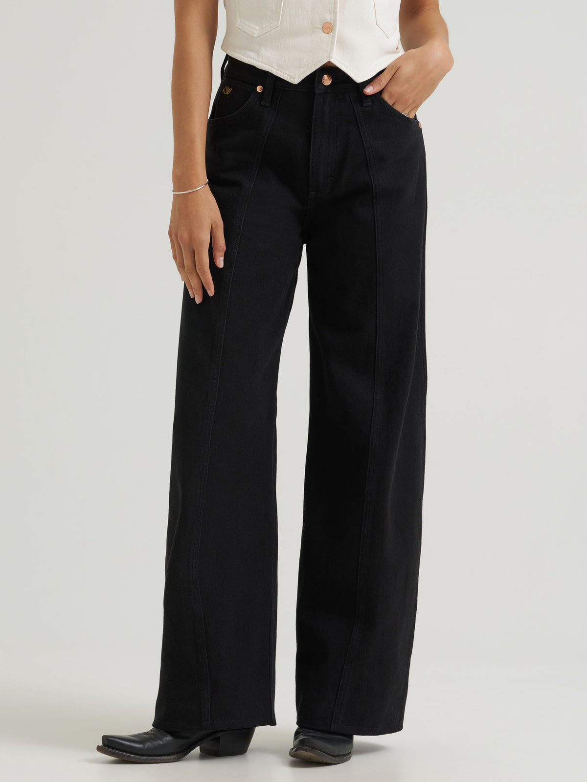 Wrangler X Lainey Wilson Tour Barrel Jean Midnight five pocket styling with W stitching on the back pockets cowgirl